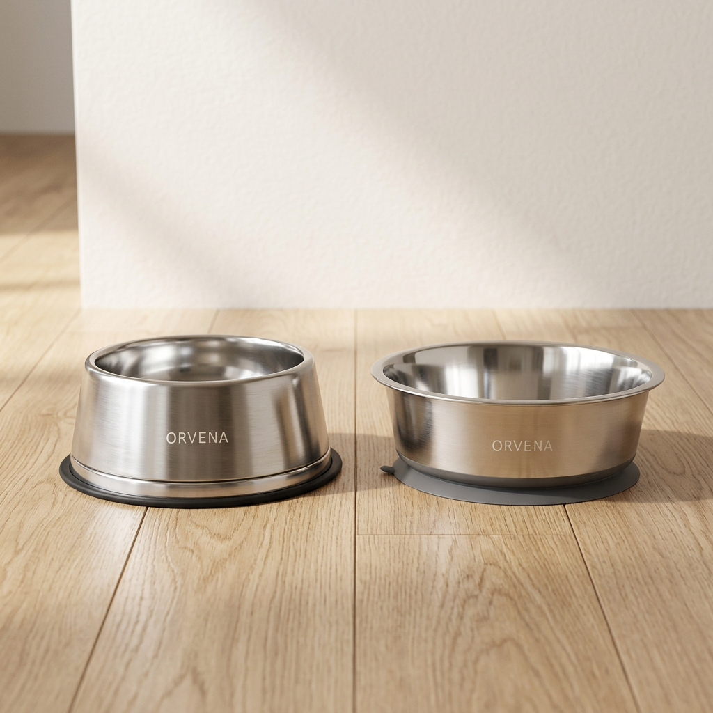 Two brushed stainless steel pet bowls on a neutral plaster surface