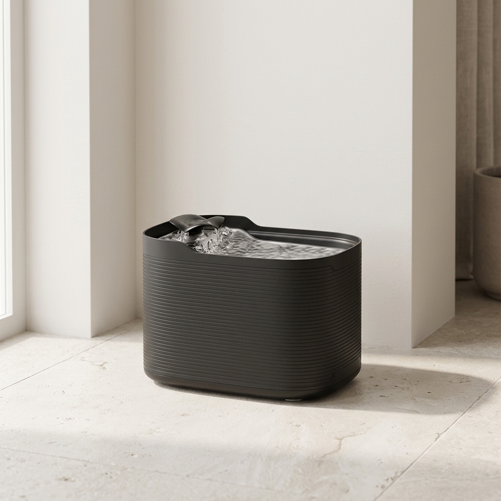 Minimal automatic pet fountain with a brushed stainless steel spout