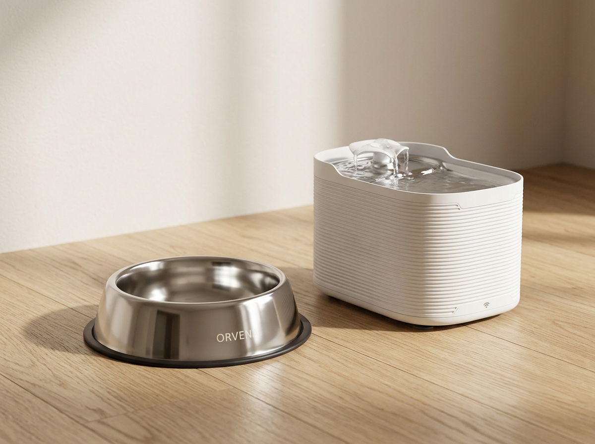 Stainless steel pet bowl and minimal white fountain in a calm modern living space